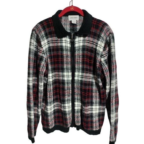 Alfred Dunner VINTAGE zip up sweater red  black plaid padded shoulders woman LG - Picture 1 of 5